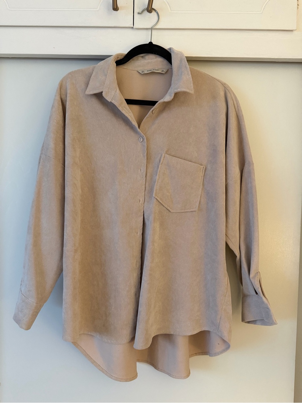Zara Beige Corduroy Button-Down Shirt